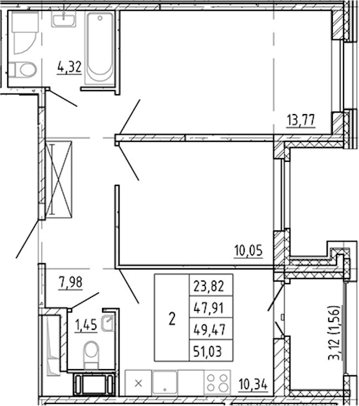 2-комнатная квартира 47.91 м², 12/12 эт., ЖК «Полис Новоселье»